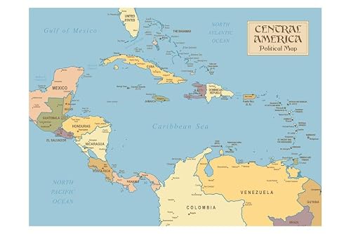 Laminated Central America Vintage Style Political Travel World Map with ...