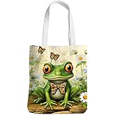 Henhesaha Frog Decor Canvas Tote Bag for Women - Cute Beach & Christmas Gifts - Reusable Grocery Bags