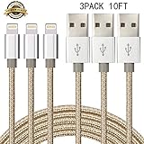 XIANDAN iPhone Charger - 3Pack 10FT Lightning to USB Nylon Braided Cord Charging Cable for iPhone 7 Plus 6S 6 SE 5S 5C 5, iPad 2 3 4 Mini Air Pro, iPod - Gold&Silver
