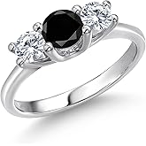 Gem Stone King 14K White Gold Black Diamond & Moissanite 3-Stone Engagement Ring | 1.01 Cttw | Round 5MM and 4MM | 3 Stone Wedding Anniversary Promise Ring For Women