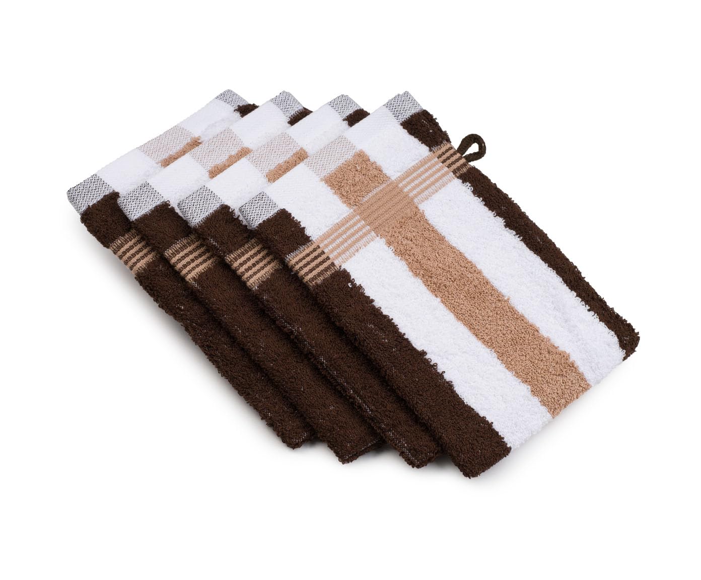 Gözze - New York Bath/Shower Glove/Mitt, Set of 4, Striped, Soft and Absorbent, 100% Cotton, 17 x 24 cm - Maroon/White/Mocha