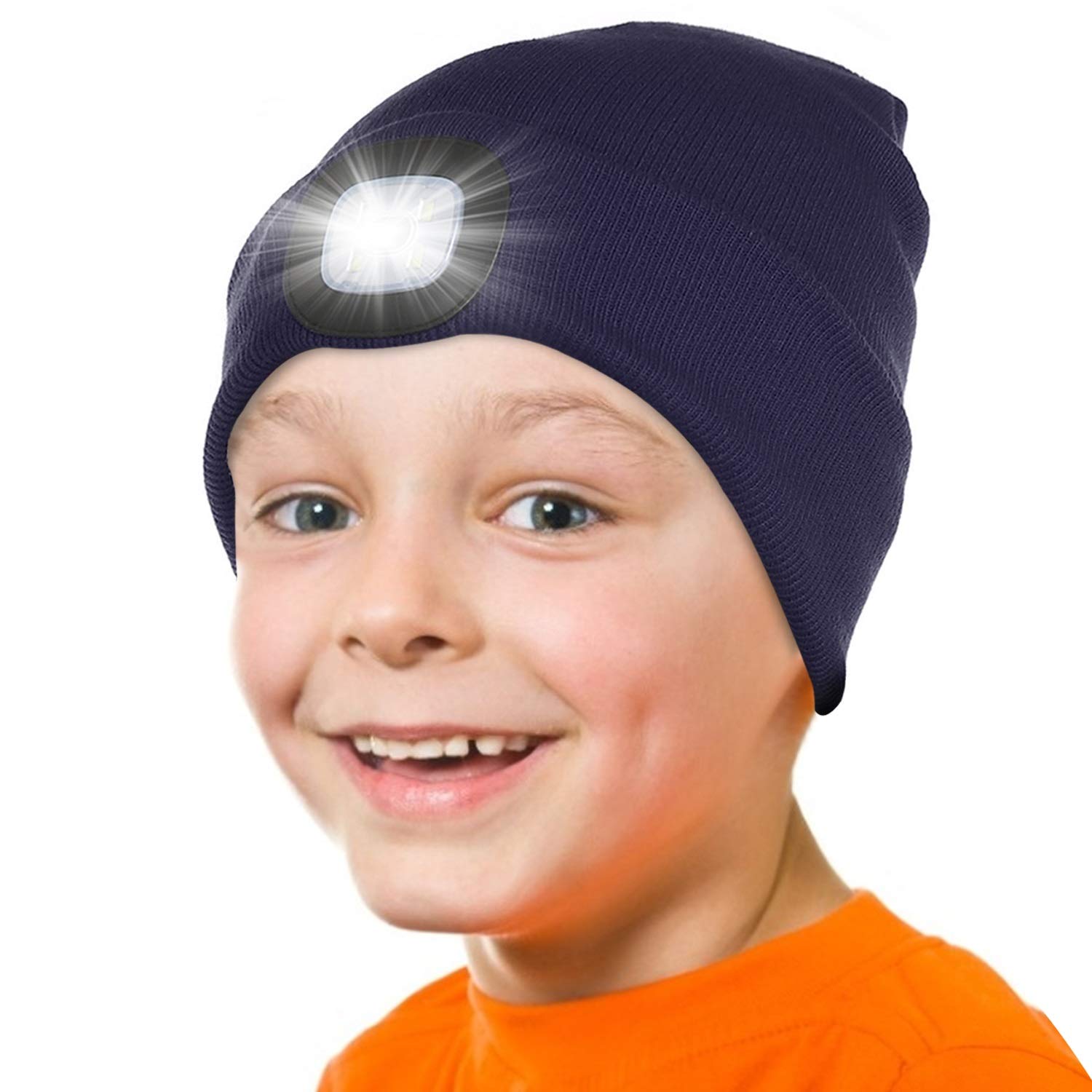 Attikee Kids LED Beanie with Headlamp - Rechargeable 4 LED Lighted Hat with Torch, Adjustable Brightness Winter Knit Cap for Cycling, Running, Camping, Night Walking for Boys & Girls Navy Blue