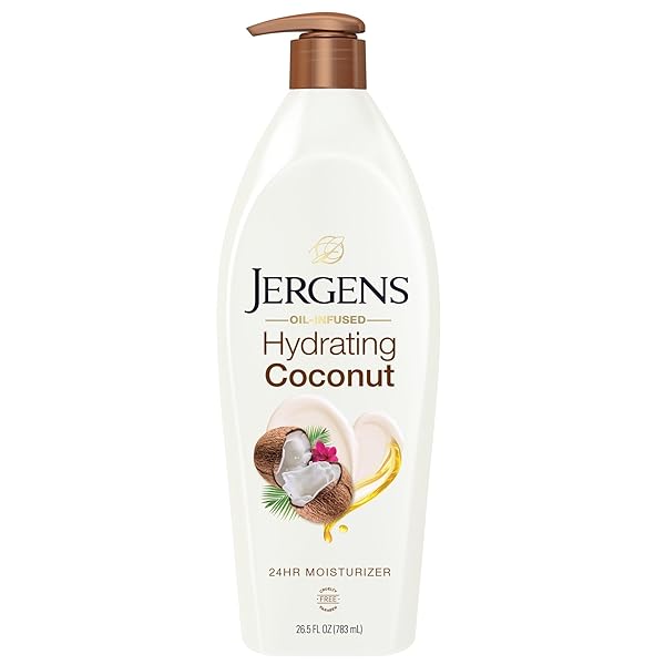 JERGENS HYDRATING COCONUT BODY LOTION, HAND AND BODY MOISTURIZER, INFUSED WITH COCONUT OIL, HYDRATES DRY SKIN INSTANTLY, DERMATOLOGIST TESTED, 26.5 OZ