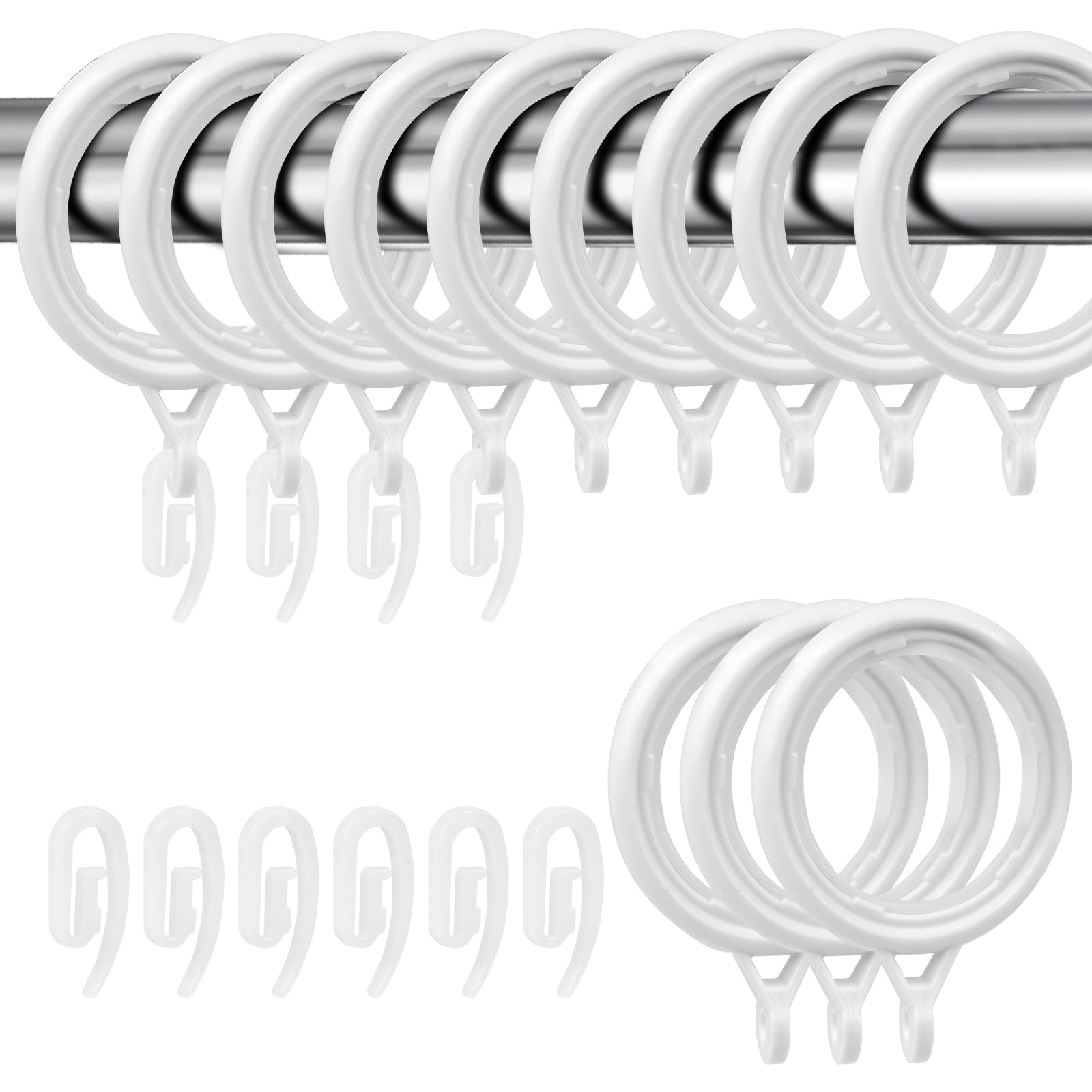 40 Pack Curtain Rings and Hooks, KissDate White 42mm Hanging Rings Hooks Plastic White Curtain Rings with Hooks for Hanging Curtains Drape Sliding Eyelet Rings