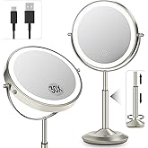 vpu Makeup Mirror with Lights, 1X/30X Lighted Magnifying Mirror Height Adjustable, 3000mAh Rechargeable Double Sided Vanity Mirrors with 3 LED Lighting and Adjustable Brightness for Desk Women Gift