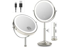 vpu Makeup Mirror with Lights, 1X/30X Lighted Magnifying Mirror Height Adjustable, 3000mAh Rechargeable Double Sided Vanity Mirrors with 3 LED Lighting and Adjustable Brightness for Desk Women Gift