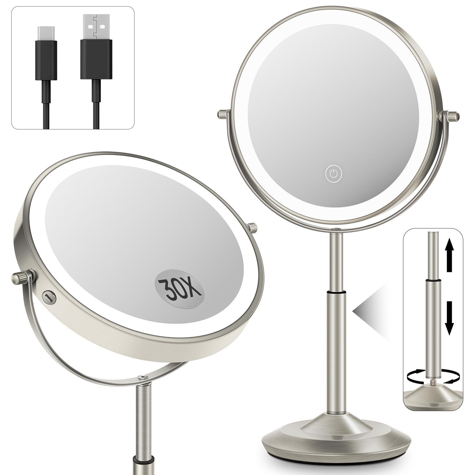 Photo 1 of vpu Makeup Mirror with Lights, 1X/30X Lighted Magnifying Mirror Height Adjustable, 3000mAh Rechargeable Double Sided Vanity Mirrors with 3 LED Lighting and Adjustable Brightness for Desk Women Gift
