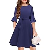 WIFFGO Girls Spring Summer Dresses Formal 2026 Fashion Belt Fit Knee High Modest Big Kids Midi Teen Dresses Outfits