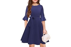 WIFFGO Girls Bell Sleeve Dresses Belt Formal Fit Knee High Modest Big Kids Midi Cap Shoulder Teen Dresses for Girls