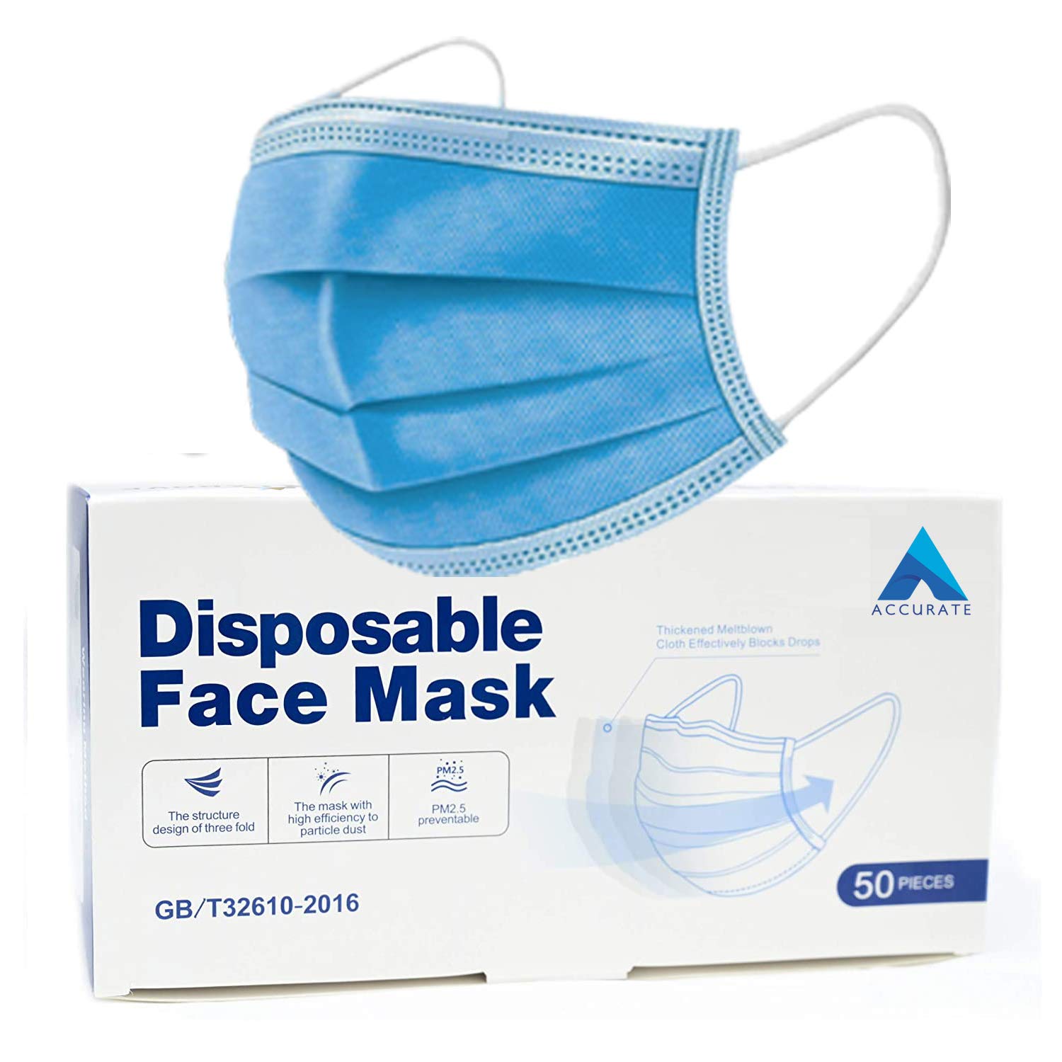 Accurate 50 Blue Disposable Face Masks | 3 Ply Earloop Face Covering with Nose Clip | Sutaible For Sensitive Skin