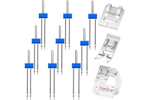 SINSETU 9 Pack Twin Needles for Sewing Machine, Double Twin Needles with 3 Pieces Different Presser Foot for Household Sewing Machine, 3 Size 2/90 3/90 4/90 with Plastic Box