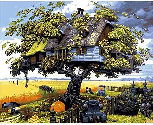 YYZCKW Hand Painted Oil Painting Magic Tree House Scenery DIY Digital Painting By Numbers Modern Wall Art Canvas Painting Unique Gift Home Decor 40x50cm no frame