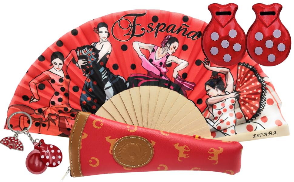 Flamenco Pack with Bamboo Fan, Handmade Case Made in Spain, Wooden Castanets and Keychain – Traditional Spanish Detail, Flamenco Red Castanets Red 2, One size