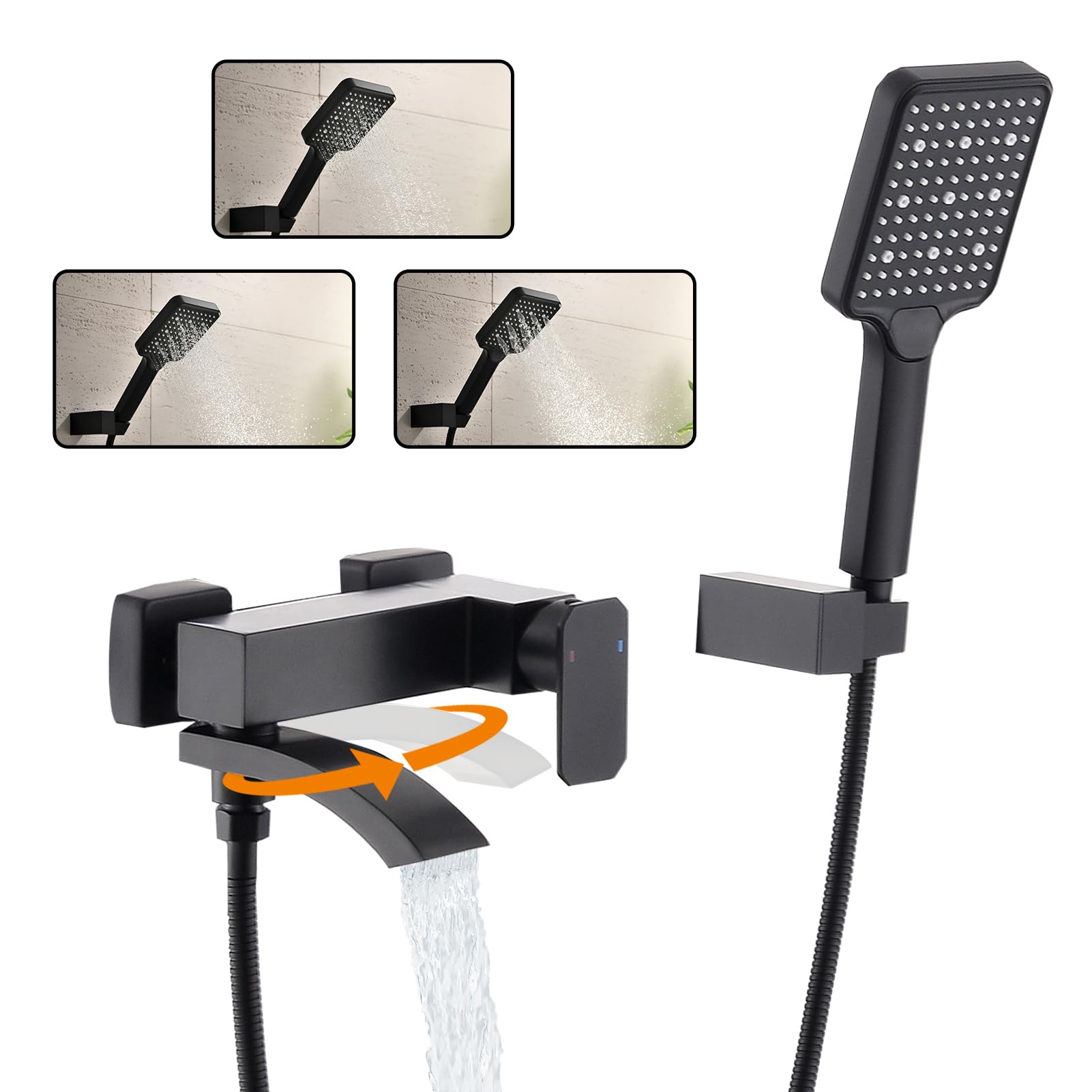 BAITUJIE Black Bath Taps with Shower,Waterfall Bathroom Bathtub Mixer tap 90° Rotary Switches Tap with Handheld Shower Head