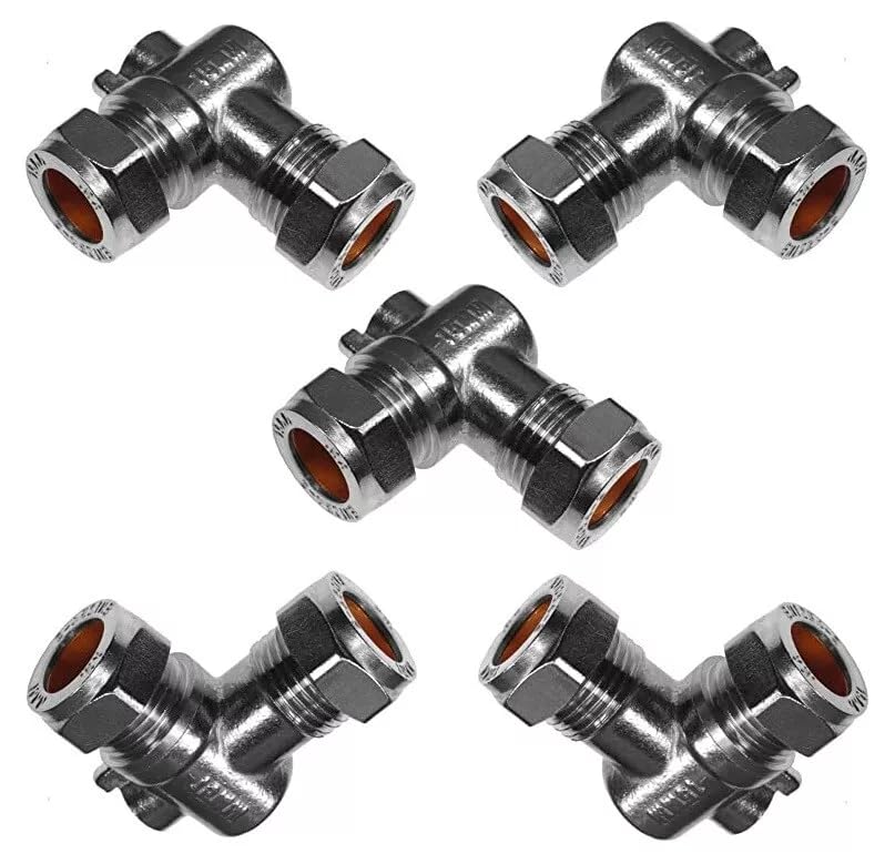 TC Chrome 15mm Angled Isolating Valve Compression 90 Degree Slotted Isolation Elbow Valve - Pack of 5