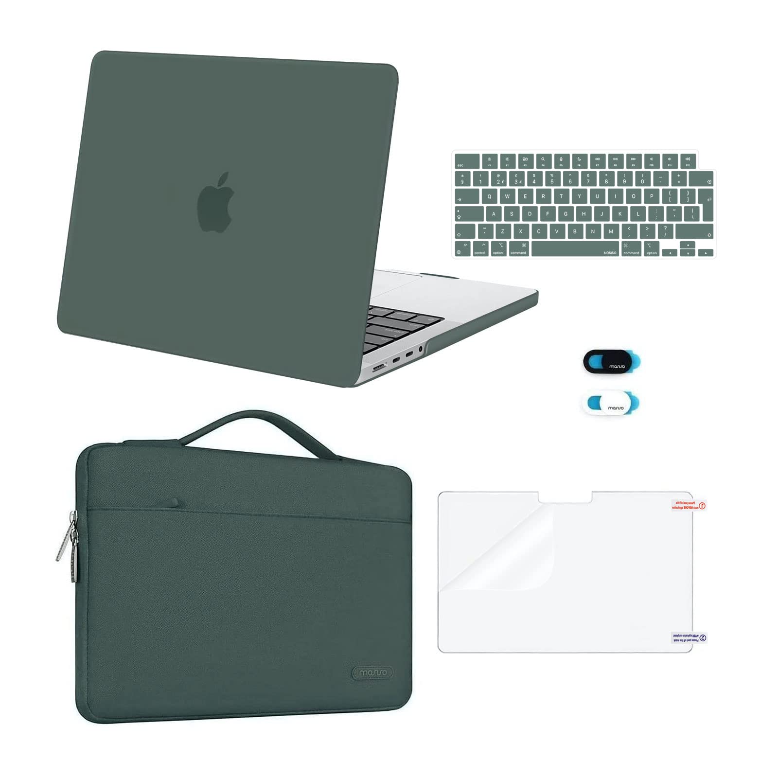 MOSISO Compatible with MacBook Pro 14 inch Case 2026-2021 M5 M4 M3 M2 M1 A3434 A3112 A3185 A3401 A2918 A2992 A2779 A2442, Hard Shell&Sleeve Bag&Keyboard Skin&Screen Film&Webcam Cover, Emerald Green