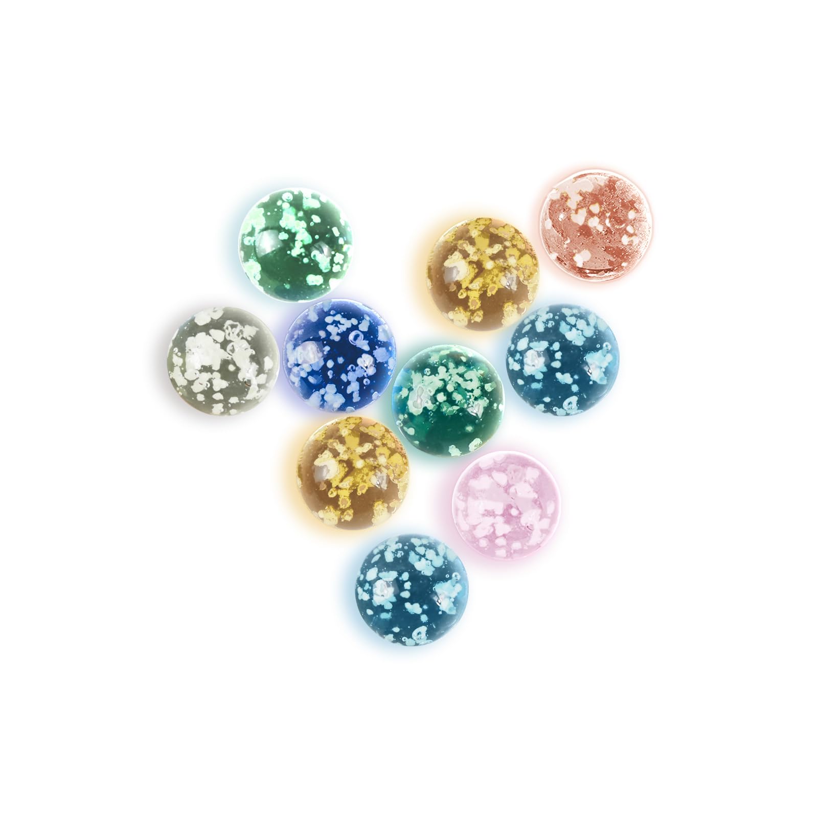 Ben & Bel Glow-in-the-Dark Decorative Glass Spheres – 10-Piece Multicoloured Speckled Set in Clear Storage Box for Vases, Jars and Home Decoration