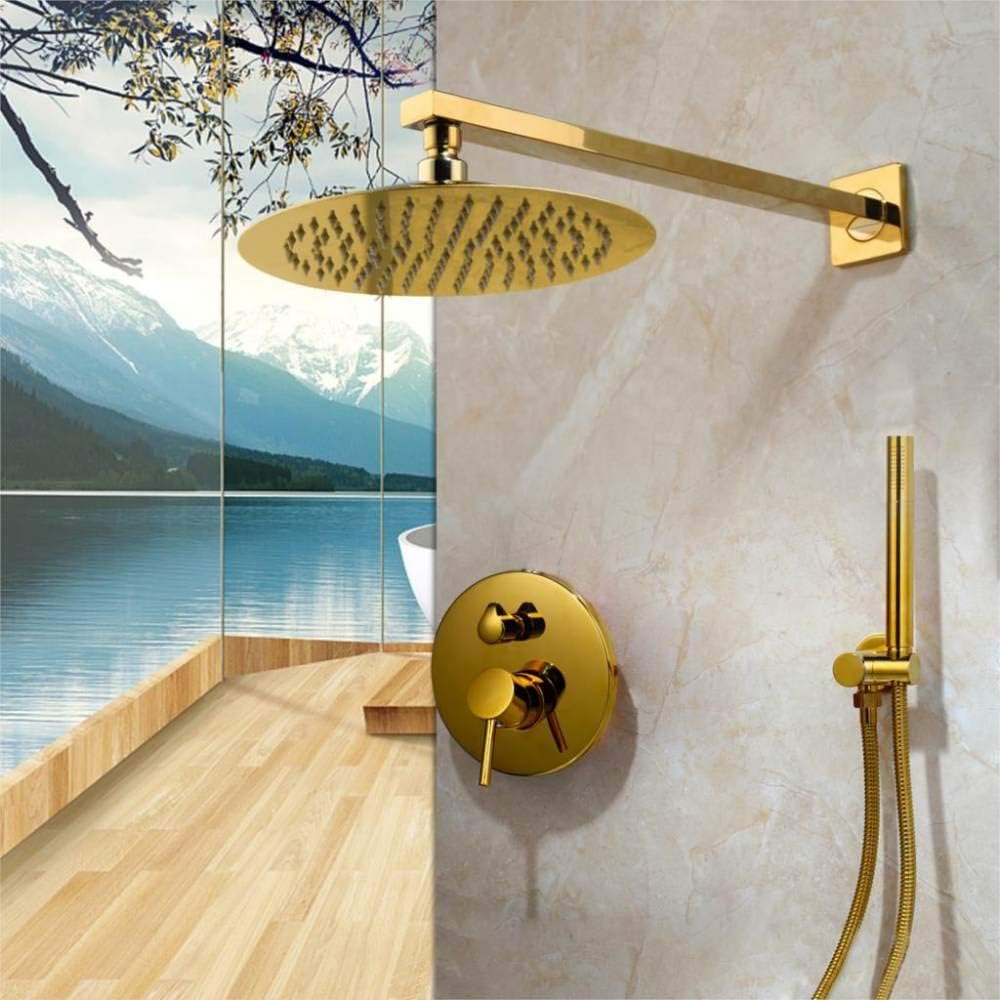 GFHDGTH Ceiling Rainfall Golden Plated Shower Faucet Set,Bathroom Wall Mounted Shower Mixer Tap Round Hand Shower Set,Wall Mount Shower A