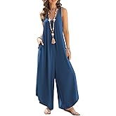 Happy Sailed Women's Jumpsuits Loose Overalls Summer Sleeveless Ruched V Neck Flared Wide Leg Pants Rompers with Pockets