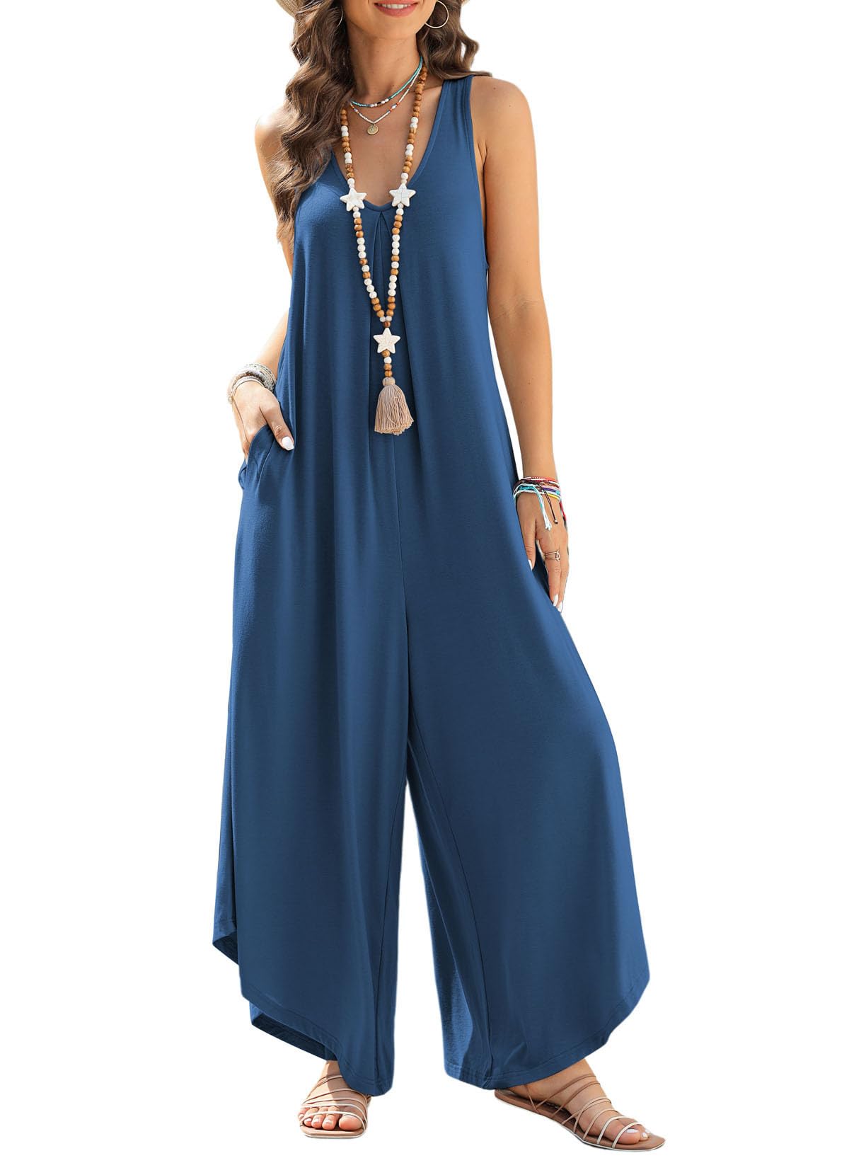 Photo 1 of Happy Sailed Womens Overalls Loose Fit V Neck Wide Leg Jumpsuit Rompers Summer Sleeveless Casual Beach Party Travel Outfits with Pockets Sail Blue Small