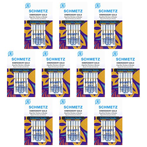 50 Schmetz Gold Embroidery Sewing Machine Needles - size 90/14 - Box of 10 cards