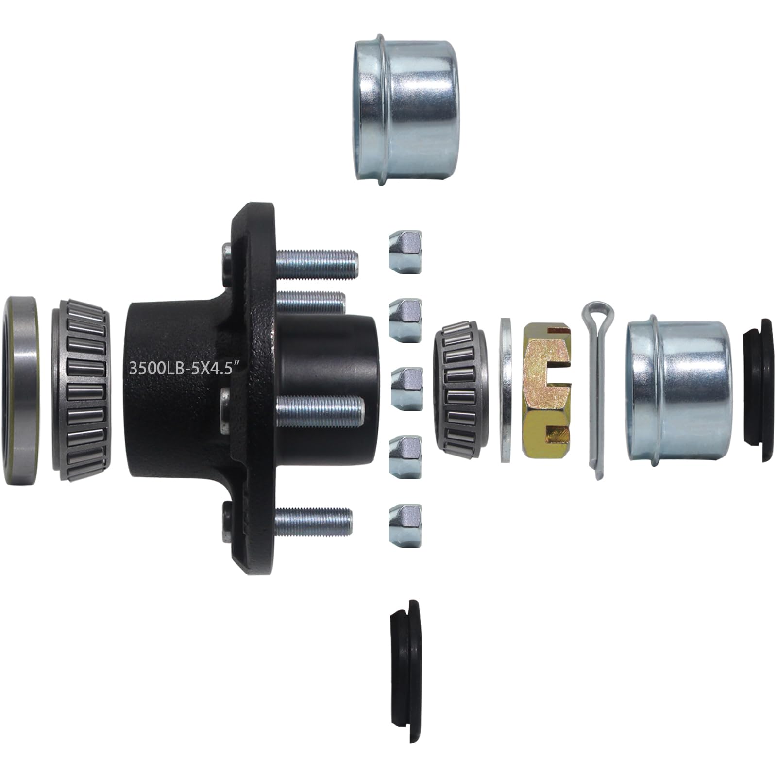 Photo 1 of *****MISSING PARTS****** iBroPrat 1 Sets Trailer Hub Kit 5 Bolt 4.5, Trailer Axle Kit for 3500 lb 5 Lug Trailer Hub with Extra Dust Cap and Rubber Plug Fits 1-1/16'' to 1-3/8" Trailer Axles 3500lb #84 Spindle
