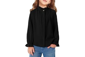 Girls Ruffle Long Sleeve Blouses Button Down Uniform Dress Shirts Cute Ruffled Collar Chiffon Tops Plain Loose Casual Clothes
