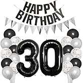 Borsgye 30th Birthday Party Decorations Set for Girl Boy Women Men Black HAPPY BIRTHDAY Letter Banner Silver Sparkly Glitter Traingle Banner Confetti Latex Balloons with Black Giant Number 30 Balloon