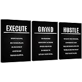 YOUHONG Motivational Canvas Wall Art - 3 Pieces 12"x16" Hustle Grind Execute Wall Art Set with Wooden Frame, Inspirational Quotes Decor for Office & Home Motivational Posters, Office & Gym Decor