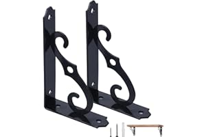 ETECHMART Decorative Shelf Brackets, 5 Inch Wall Mounted Floating Shelf Bracket for DIY Open Shelving, Pack of 2 L Shape Heavy Duty Rustic Iron Metal Corner Brace Shelf Supporter, Black