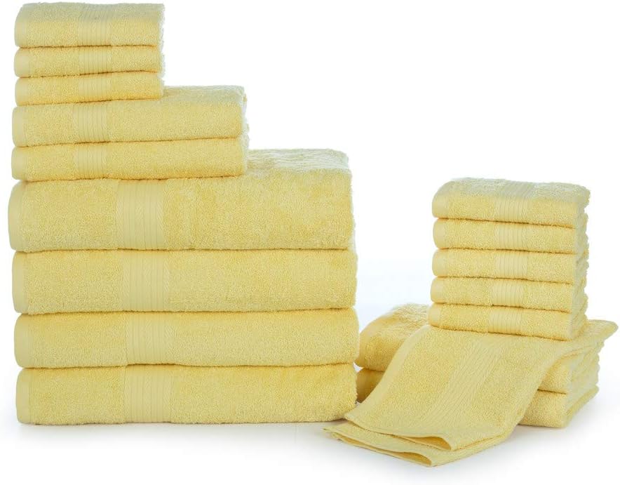 Ample Decor 18 Piece Luxury Bath Towel Set, 100% Cotton Hotel and Spa Quality Quick Dry Super Soft High Absorbent Kitchen and Bathroom Towel Set, 4 Bath, 4 Hand, and 10 Washcloths – Yellow