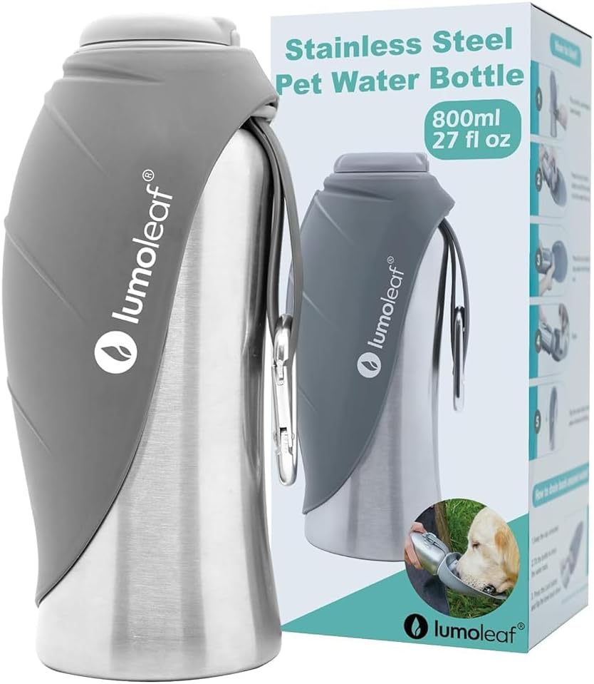 LumoLeaf 800ml Portable Dog Water Bottle Stainless Steel Grey