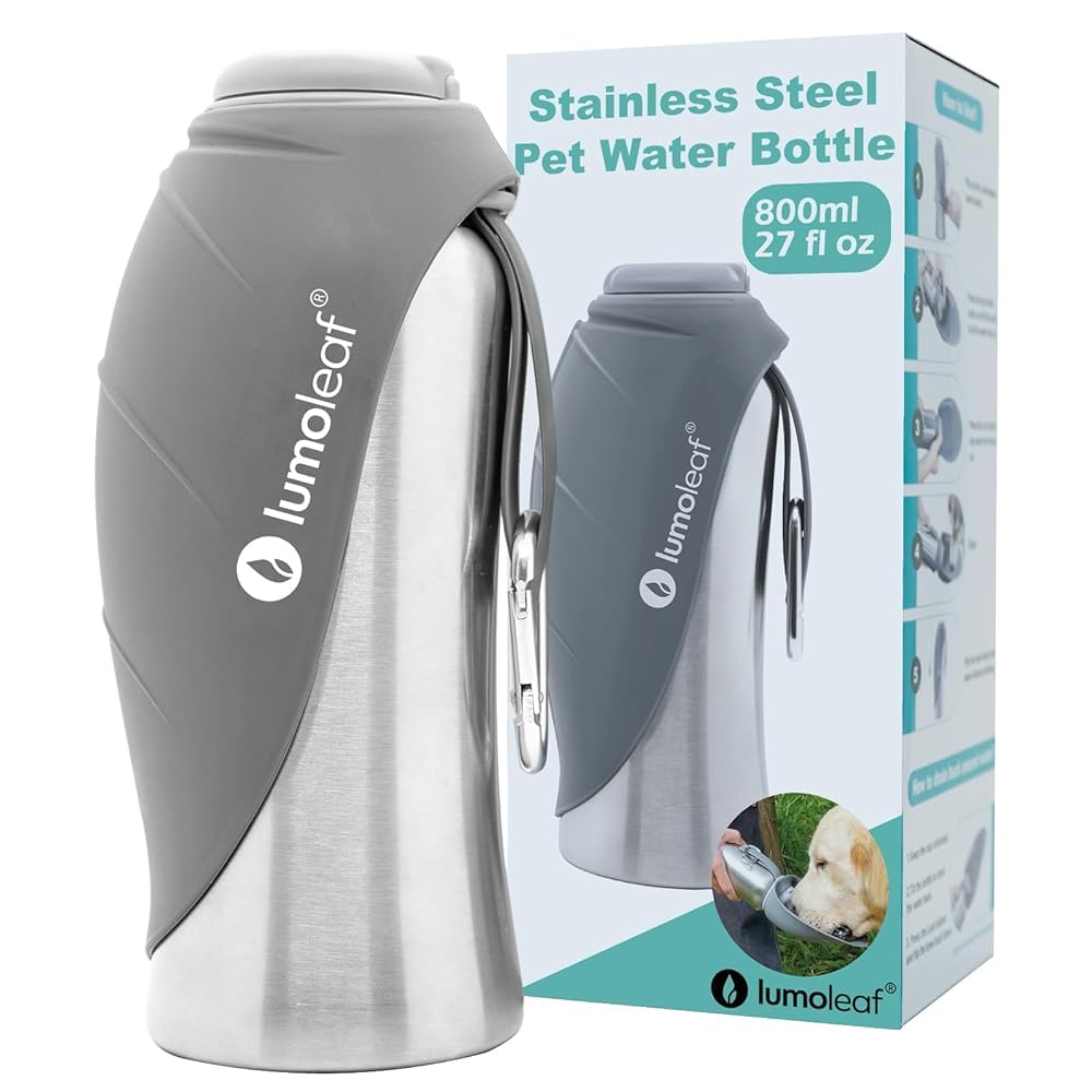 LumoLeaf Portable Dog Water Bottles 800ml, Stainless Steel Pet Travel Water Bottle Dispenser for Walking, Hiking and Outdoor, Portable Water Bowl for Large Dogs (Grey)