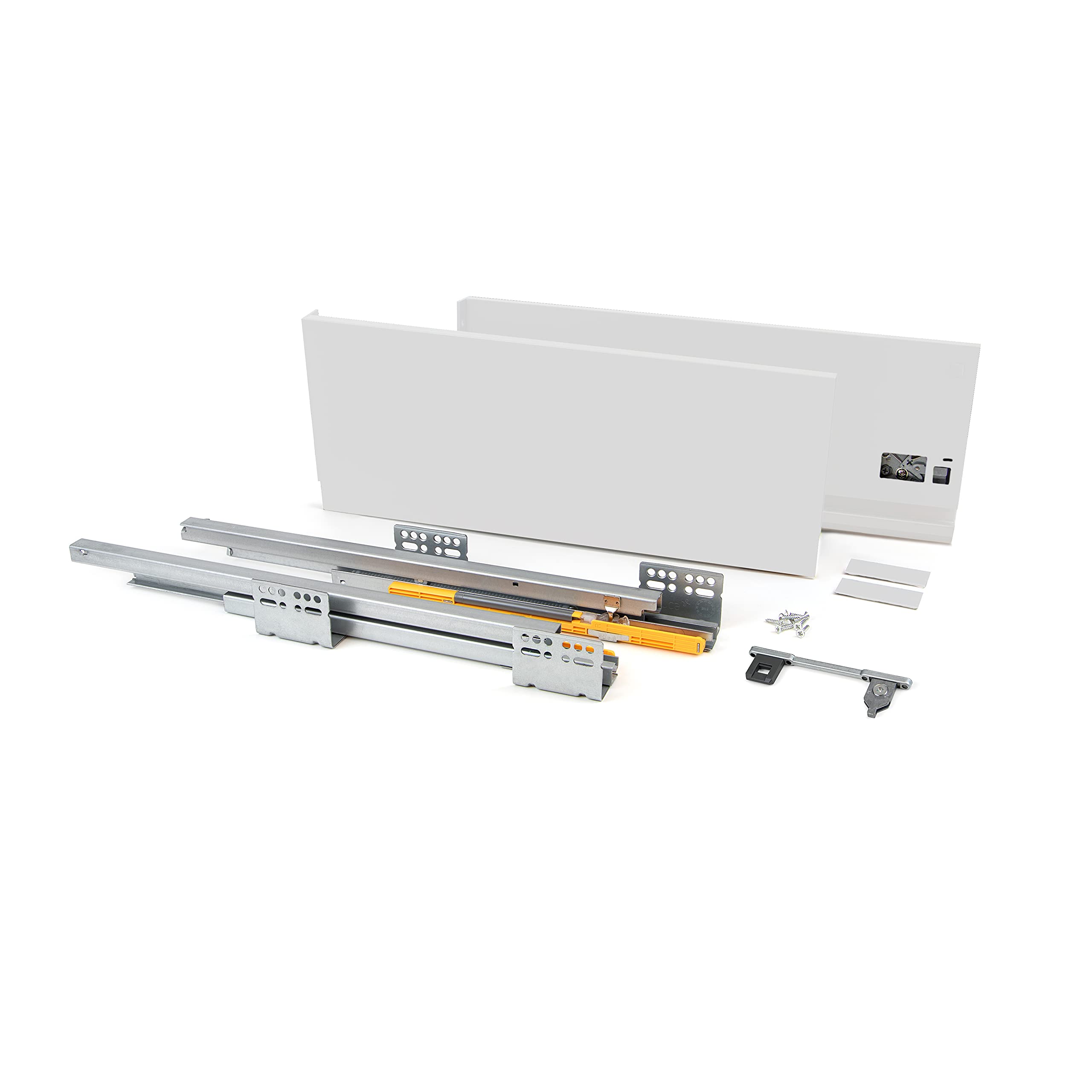 Emuca - Kit for White Drawer, Including 2 Metal Sides, Full Extension Runners with Soft Close, Hardware for Assembly a White Metal Drawer, H185x400mm (7,2x15,7 inch)