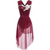 AFAVOM Sequin Flower Lyrical Dance Dress for Women Cross Straps Leotard High Low Flowy Mesh Skirt Contemporary Dance Costume