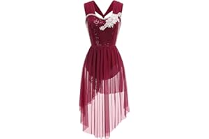 AFAVOM Sequin Flower Lyrical Dance Dress for Women Cross Straps Leotard High Low Flowy Mesh Skirt Contemporary Dance Costume