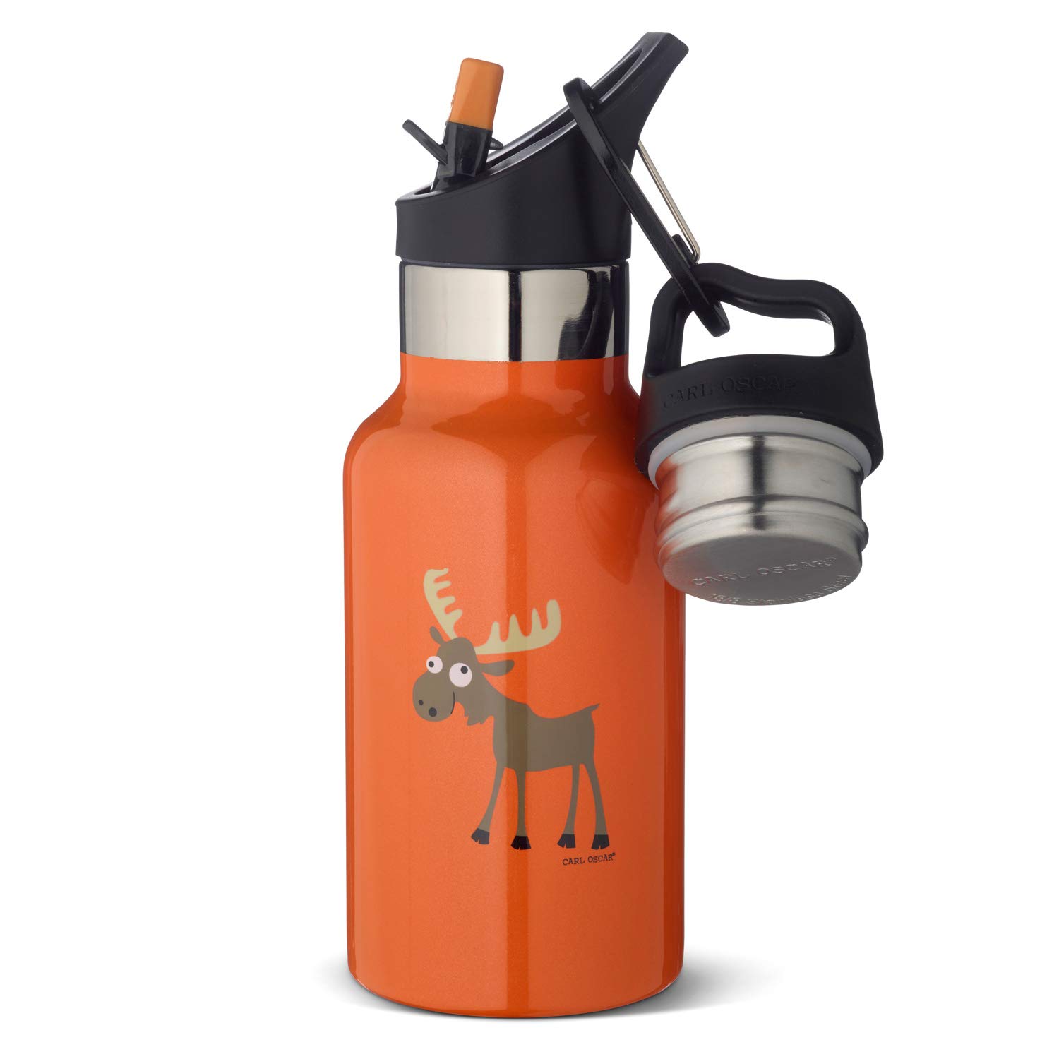 Carl Oscar Kids Double Wall Thermos Flask - Insulated Bottle Now Hot 10 or 24 Hours Cold 0.3 Litre with One Elk, Orange Supplied with 2 Lids, One with Straw.