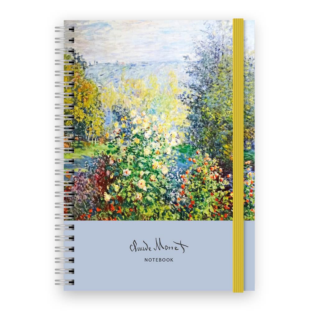 Cauliflower Journals A5 Spiral Bound Journal Notebook- Claude Monet - Flowers in the Garden on Montgeron- Cover Design, 120 Ruled Pages, Double Pocket Page & Elastic Page Divider (Flower Pond Monet)