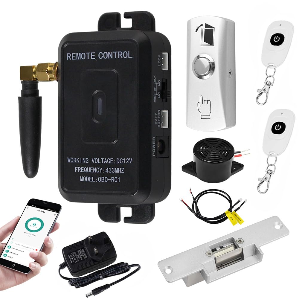 OBO HANDS DC12V TUYA & RF Stand-Alone Door Opener,433Mhz Wireless Remote Control,NC Electric Strike Lock,Metal Exit Button Release for Door Entry Access Control System