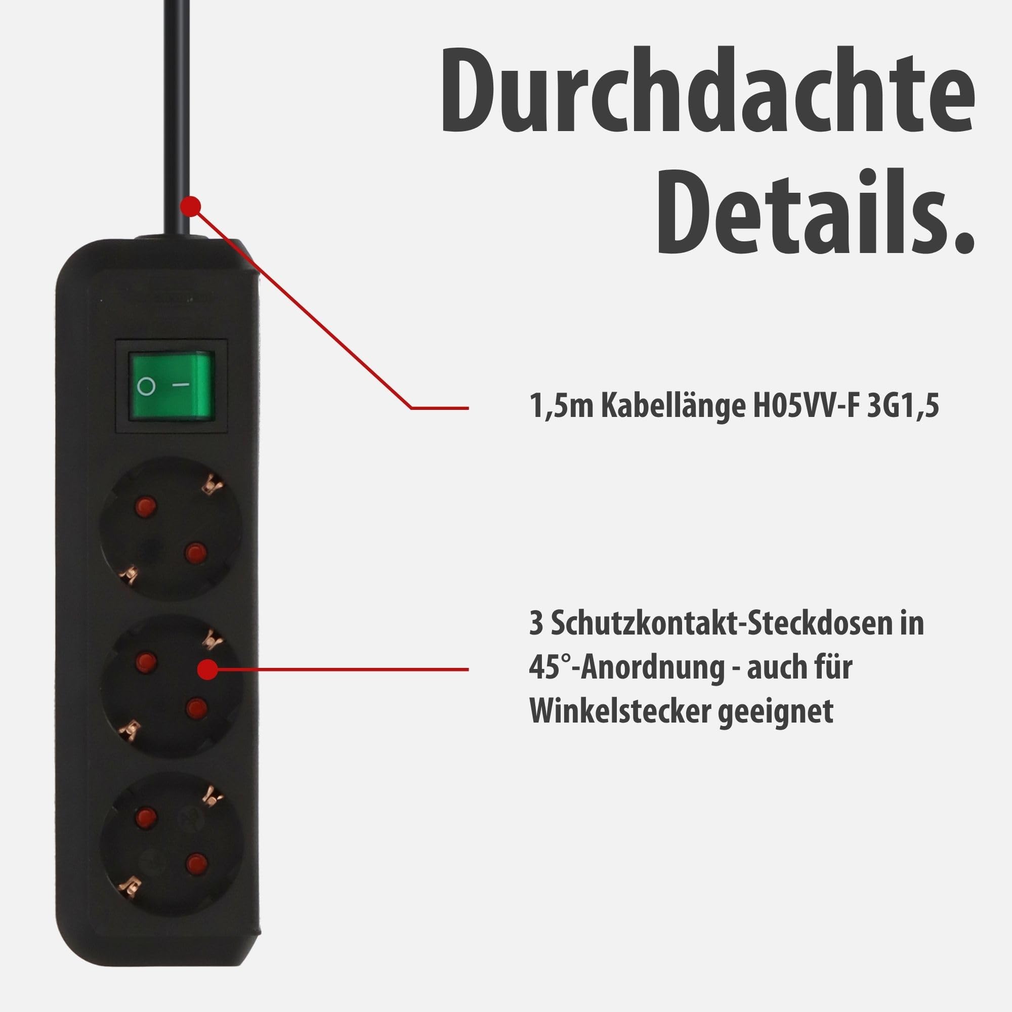 Brennenstuhl Eco-Line, Steckdosenleiste 3-Fach (Mehrfachsteckdose mit erhöhtem Berührungsschutz, Schalter und 1,5m Kabel) schwarz 4