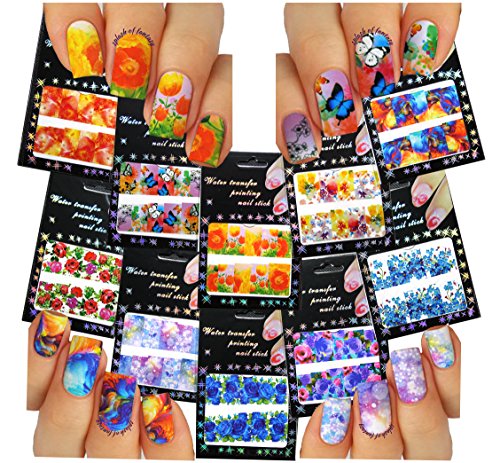 Nail Art Water Slide Tattoo Decals  Full-Cover  Abstract & Large Flowers, 10 - pack  /CVII/
