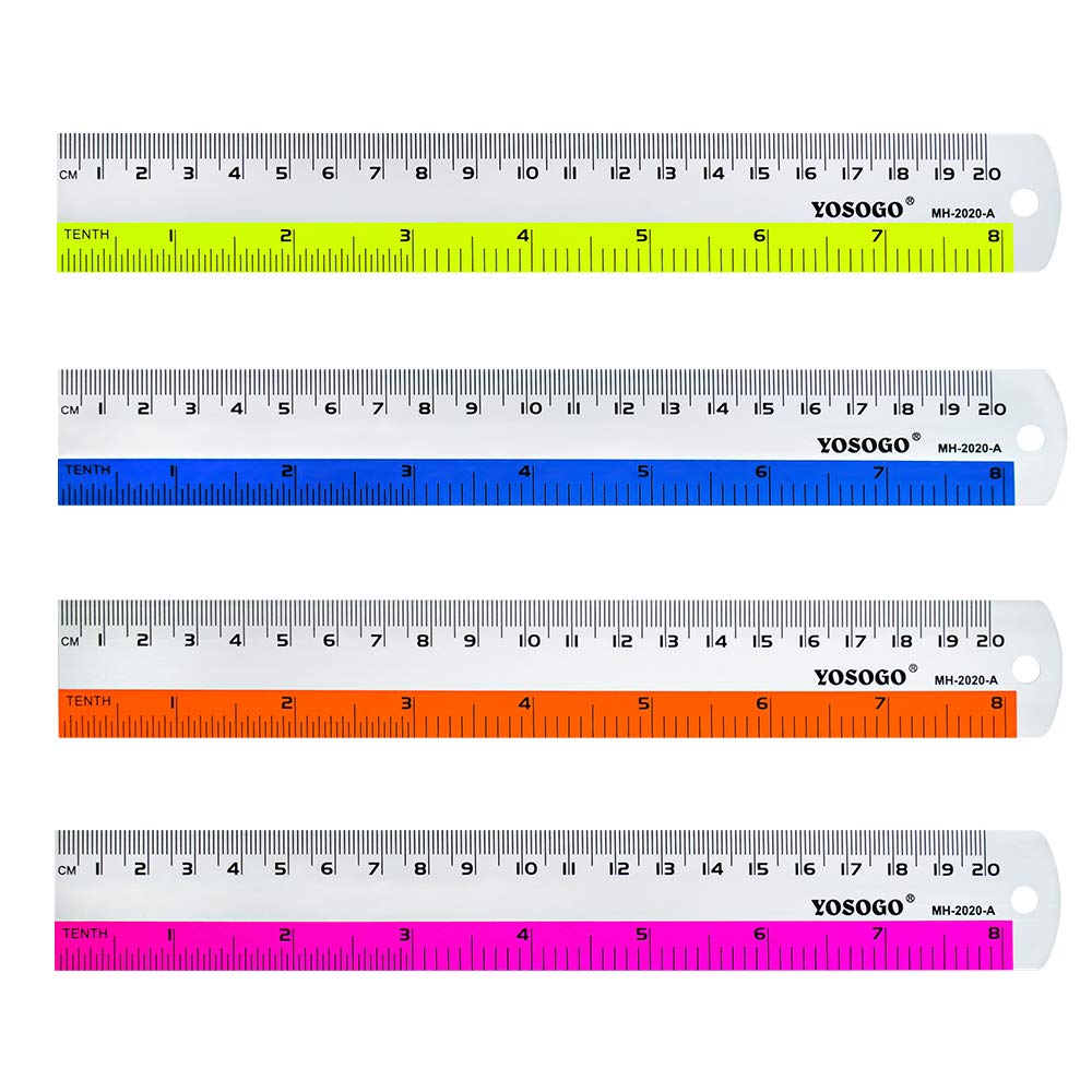 Yosogo Aluminium Rulers – Pack of 6 Assorted Colours, 20 cm / 8 Inch Measuring Rulers with Inch & cm Scale and Hanging Hole