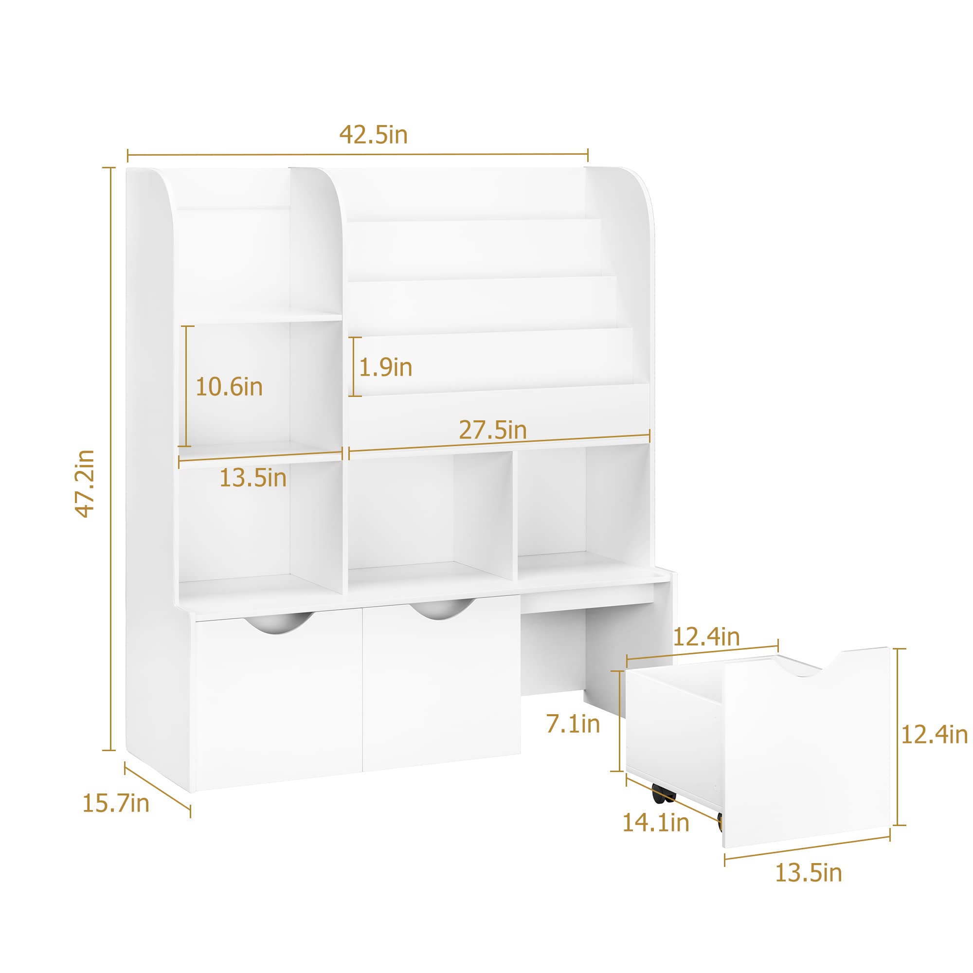 FOTOSOK 47'' Kids Bookcase and Bookshelf, Multifunctional Bookcase with 5 Storage Cubbies and 3 Movable Drawers, Toy Storager Display Stand, Toy Storage Organizer for Bedroom, Playroom, Hallway, White