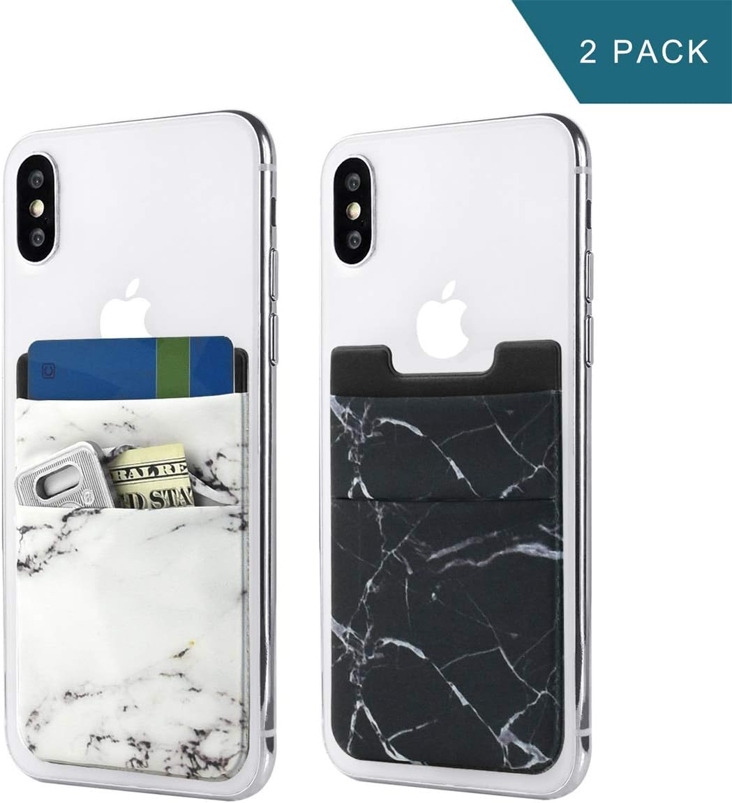 Newseego 2 Pack Cell Phone Card Wallet Stick on Wallet Card Holder Pocket Phone Pouch Expandable Case for Most Smartphones (White Marble and Black)