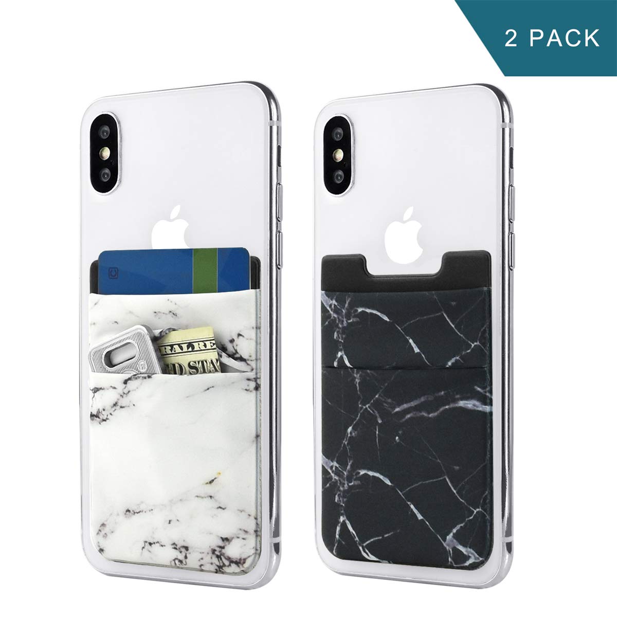 Newseego 2 Pack Cell Phone Card Wallet Stick on Wallet Card Holder Pocket Phone Pouch Expandable Case for Most Smartphones (White Marble and Black)