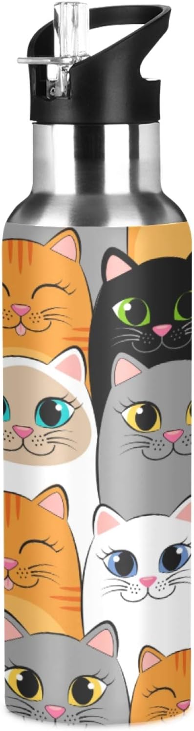 SUABOCute Kittens Water Bottle Insulated for School Girls Boys, Stainless Steel Water Bottle with Straw, 20oz