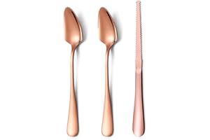 HOMQUEN Rose Gold Grapefruit Spoons 3 Pieces Set, 2 Stainless Steel Grapefruit Spoon and 1 Grapefruit Knife with Titanium Pla