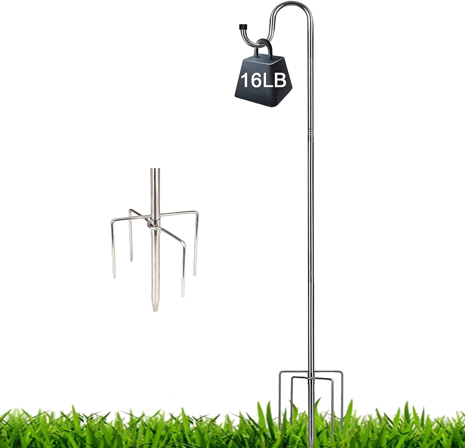 Outdoor Shepherd's Hooks - Harrms Shepherd Hook-Bird Feeder Pole 62 inch-Heavy Duty 5/8 Inch Thick 5 Prong Metal Hanger Hook for Hanging Plant Baskets, Solar Lights, Lanterns, Silver