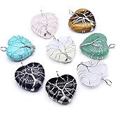 LHJ 4 Pcs Natural Stone Pendants Random Heart Shape Healing Crystal Agate Life Tree Wire Knitting Charms for Jewelry Making Necklace Gift