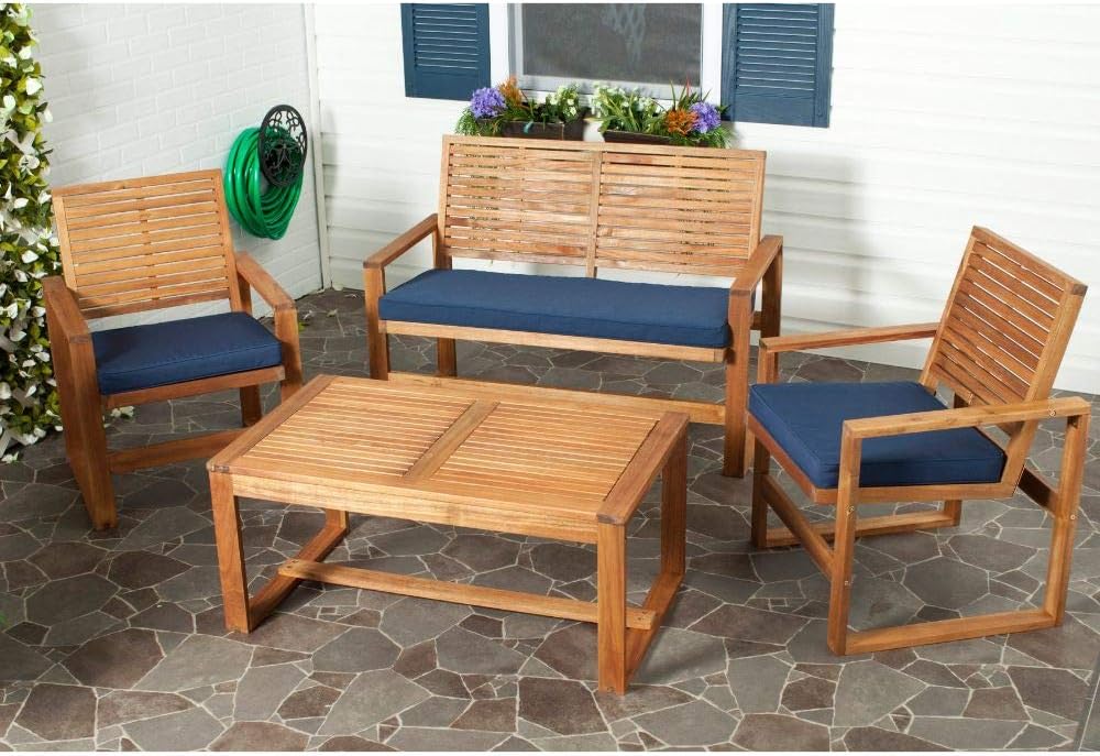 Safavieh Home Collection Hailey Outdoor Living 4-Piece Acacia Patio Furniture Set, Brown and Navy : Garden & Outdoor